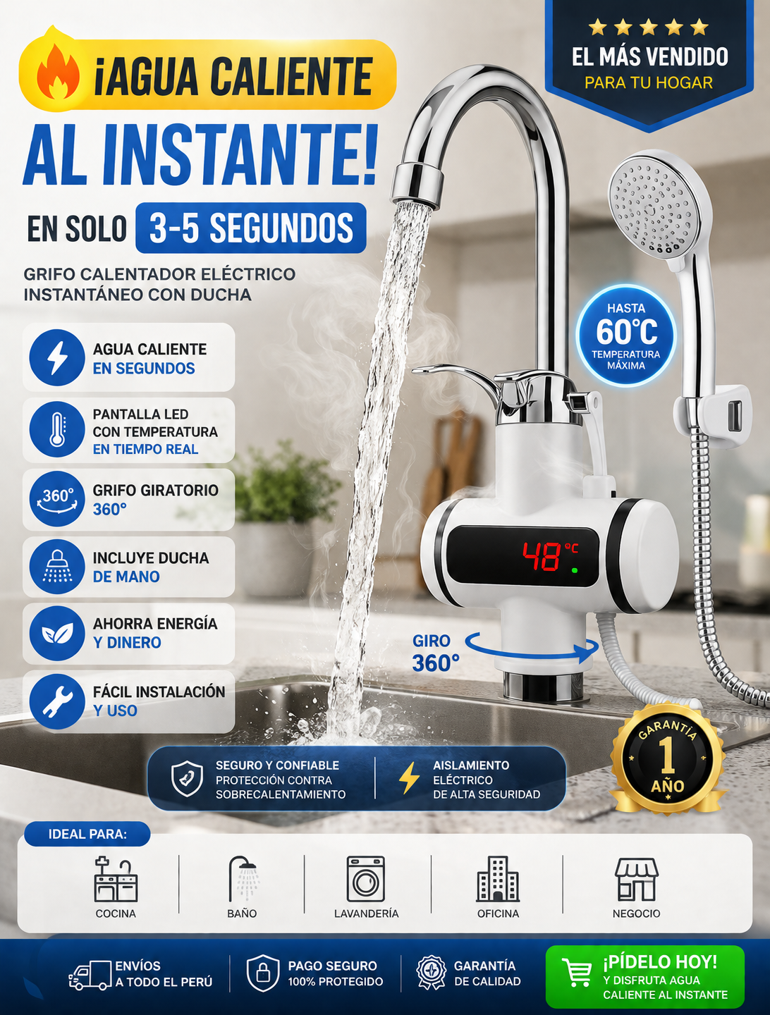 Grifo Calentador Eléctrico con Ducha